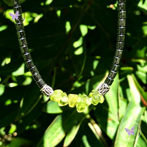 Hematite Necklace With Peridot Chips